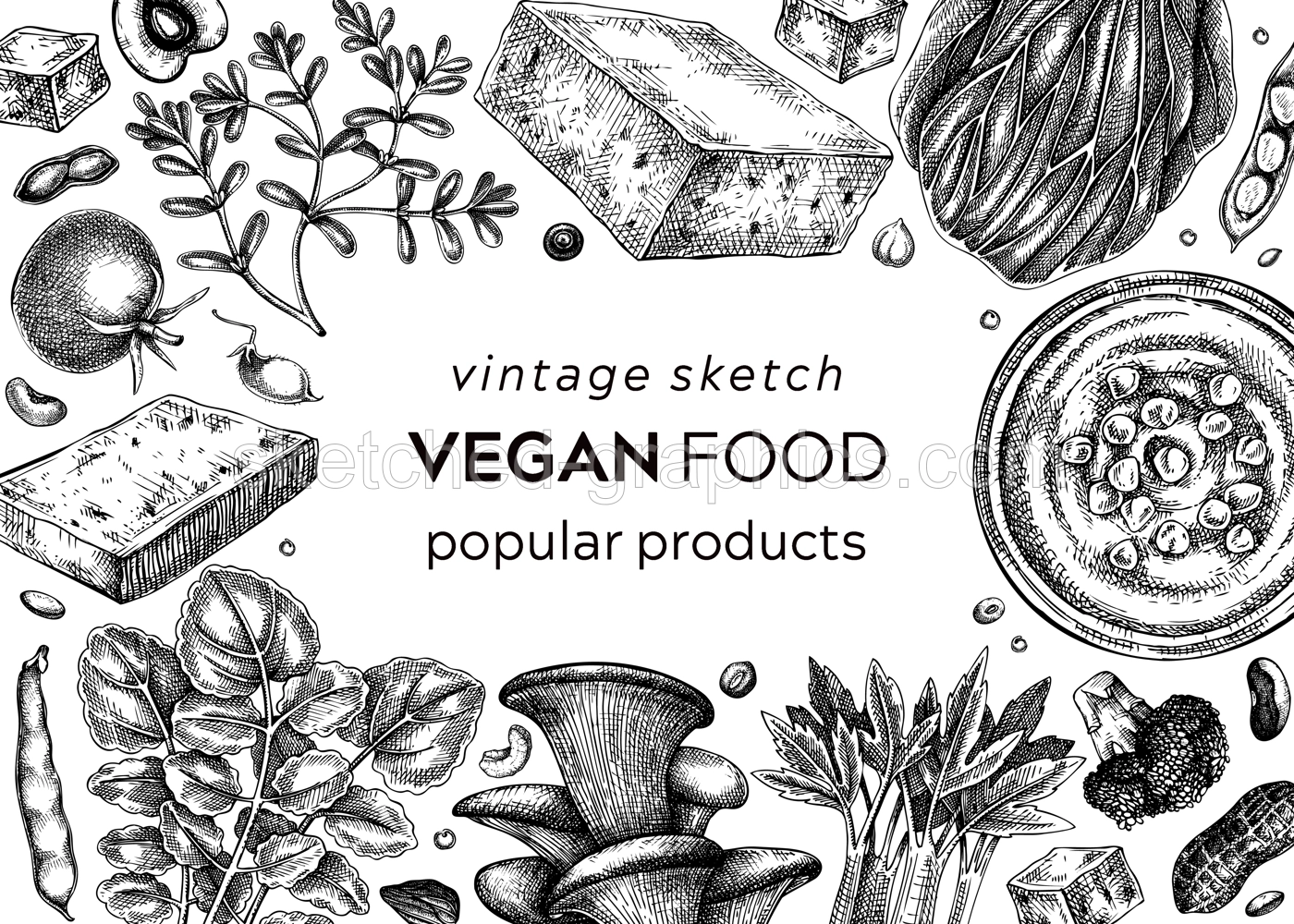 Vegan food vintage background. Healthy food banner template. Middle eastern cuisine frame. Hand-drawn vegan meals and ingredients for menu, recipe, and packaging design. Green food sketches Illustration